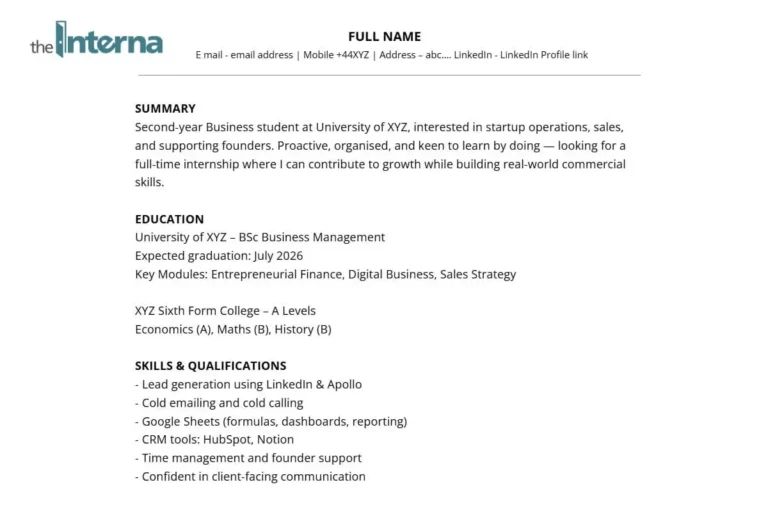 Placement CV - Placement Year CV - theInterna